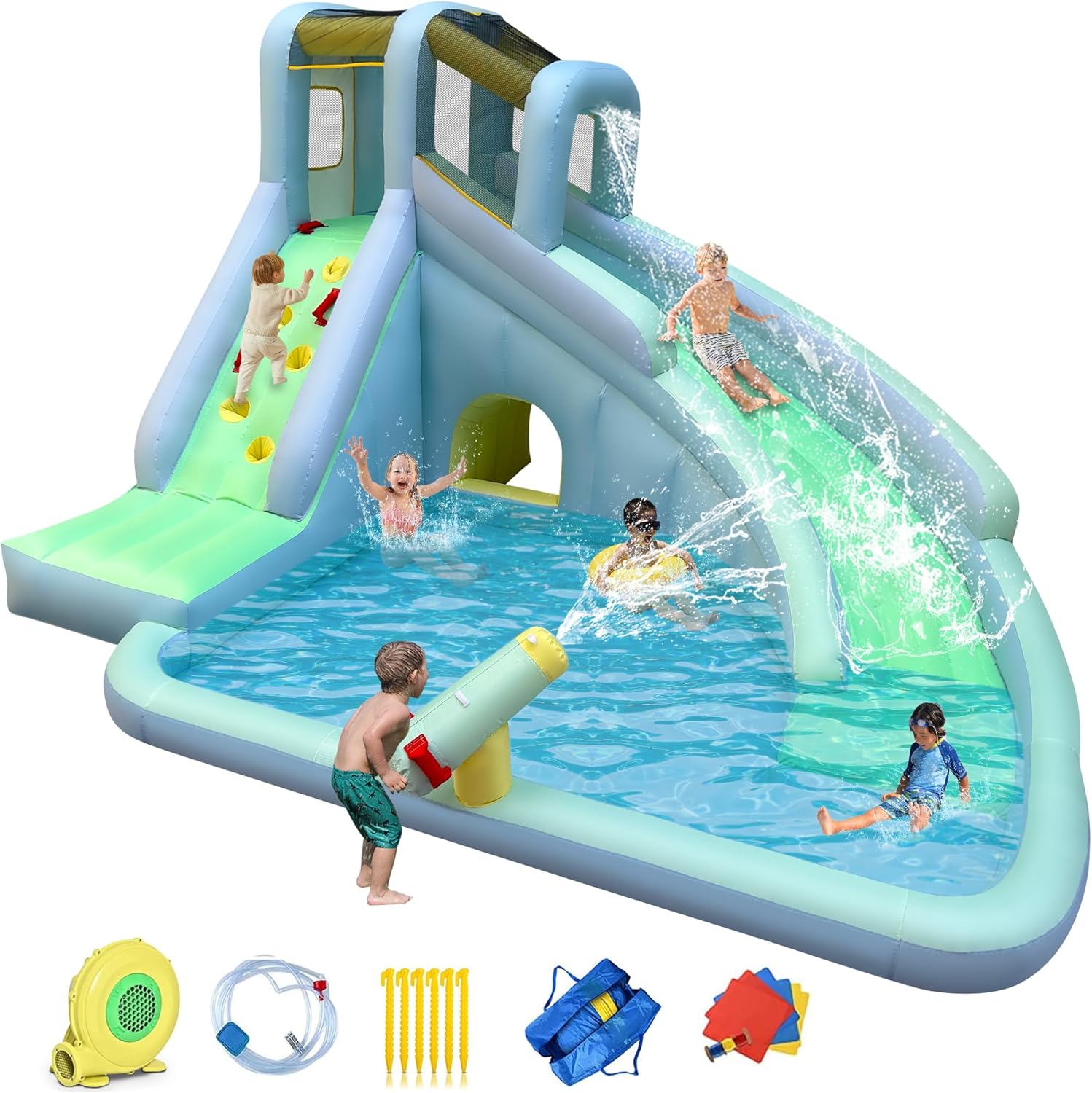 Kids Outdoor Inflatable Water Slide - 6-in-1 Opblaasbaar Kinderen Springkasteel Waterpark, 550W