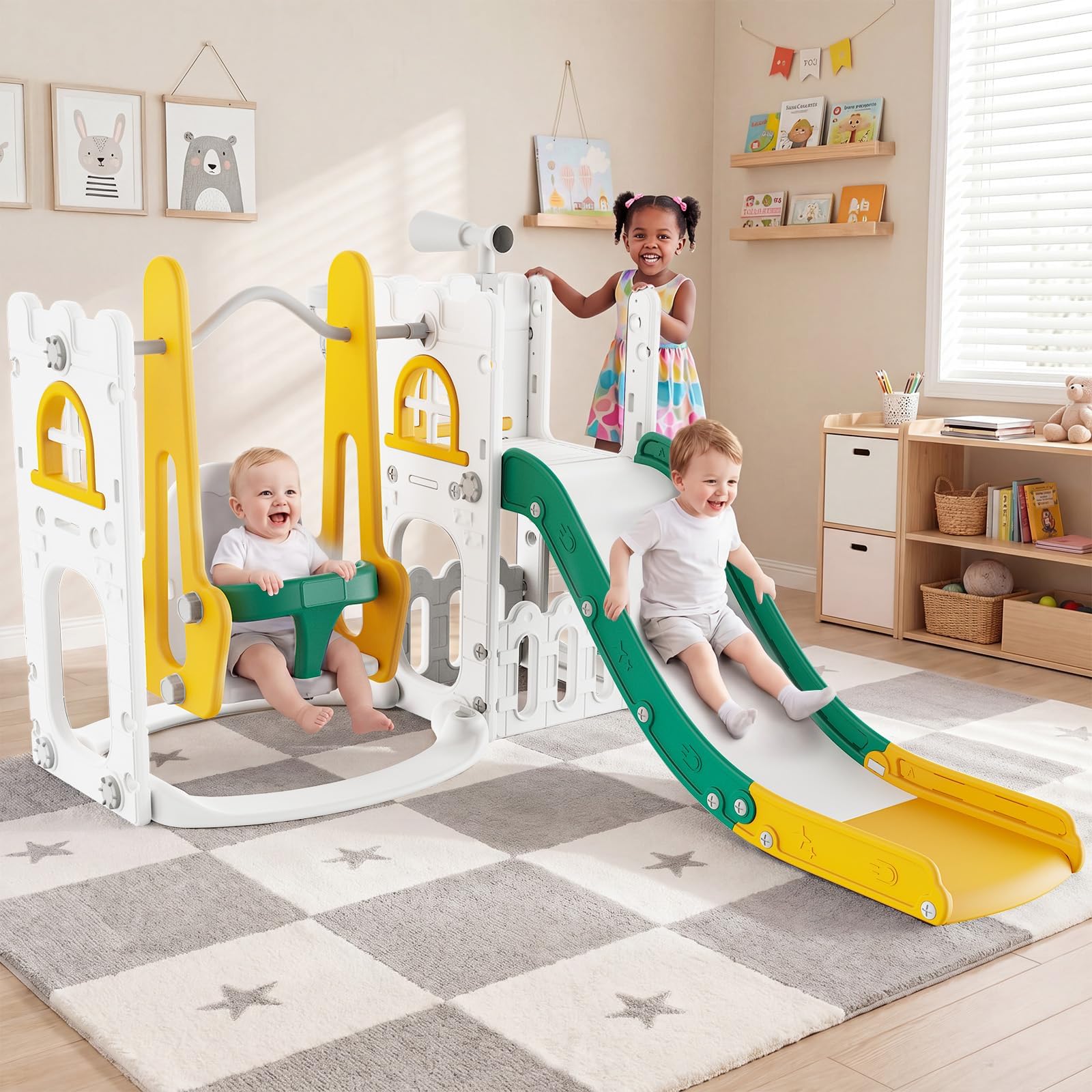 Kids Outdoor Basketball Hoop - 7-in-1 peuterglijbaan en schommelset voor binnen