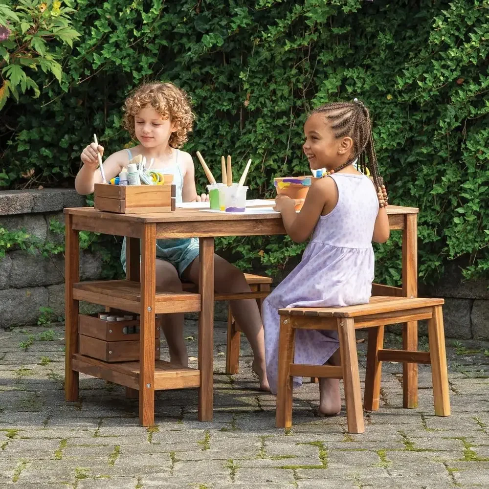 Kids Outdoor Wooden Playset - Kinderbuitenactiviteiten-tafel en 2-bankenset: Acaciahouten activiteitenbureau met
