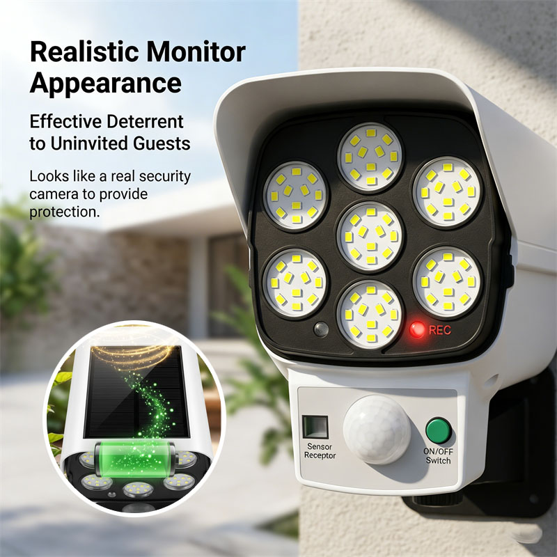 Balance Beam Outdoor - Zonne-aangedreven nep-beveiligingscamera met bewegingsmelder LED-schijnwerper buitenlamp