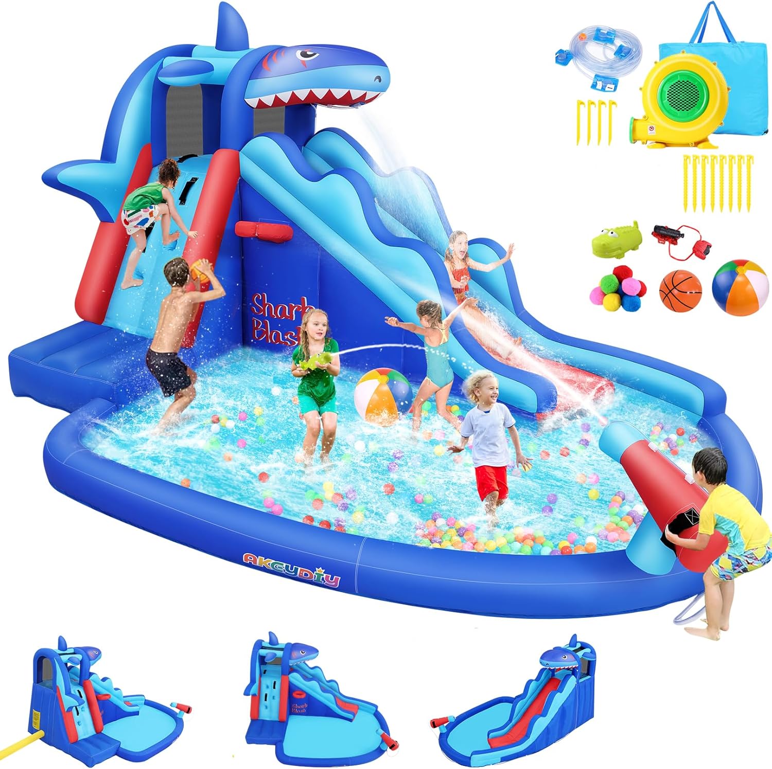 Kids Outdoor Inflatable Water Slide - Opblaasbaar waterpark met haaien-thema voor kinderen: