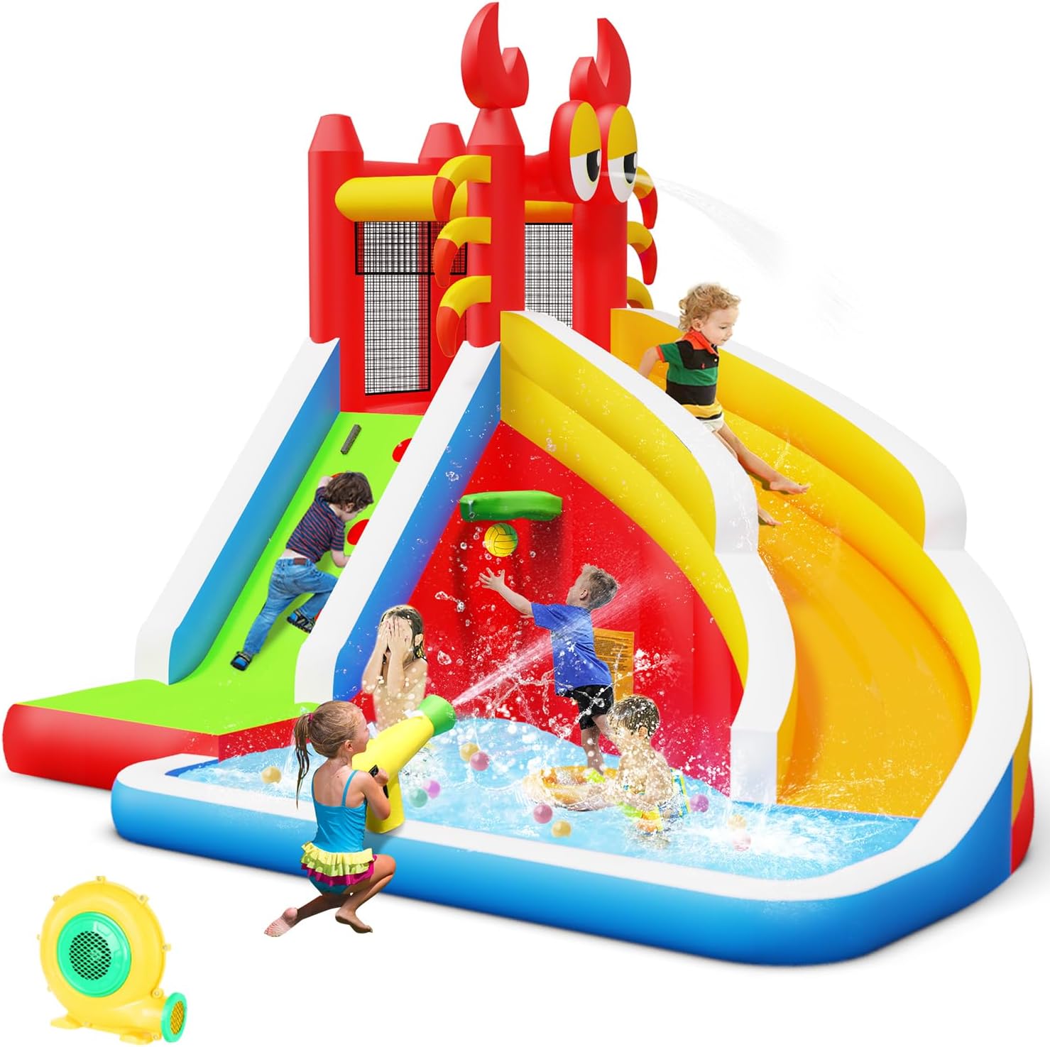 Kids Outdoor Basketball Hoop - Grote opblaasbare springkasteel met waterglijbaan voor