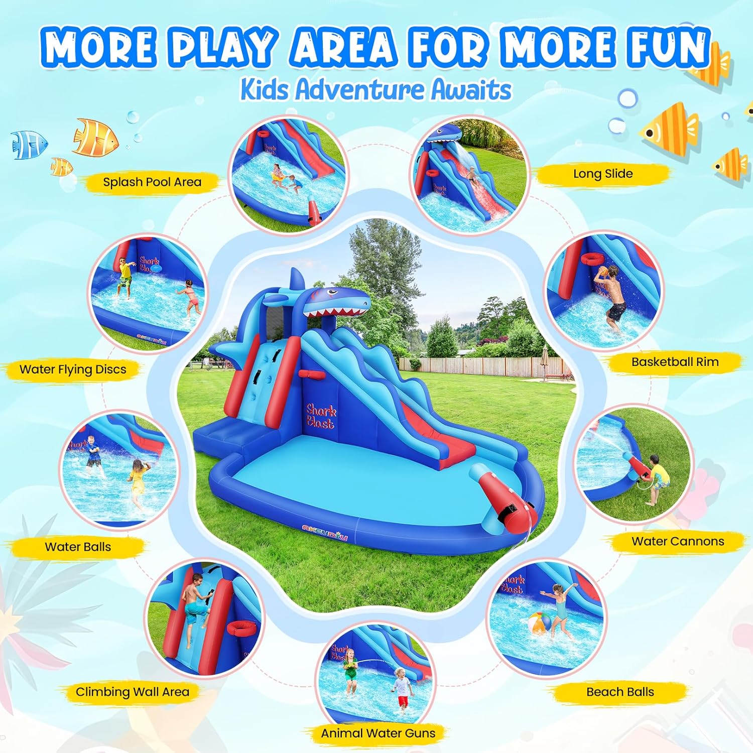 Opblaasbaar waterpark met haai - Kids Outdoor Inflatable Water Slide recensie en prijs